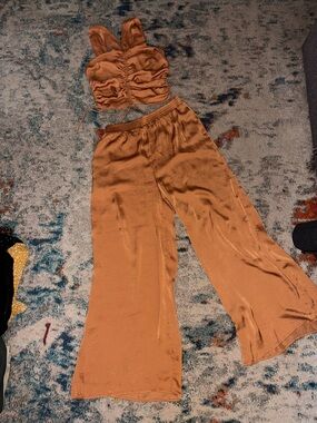 Lush Satin Wide-Leg Pants & Ruched Crop Top in Rust